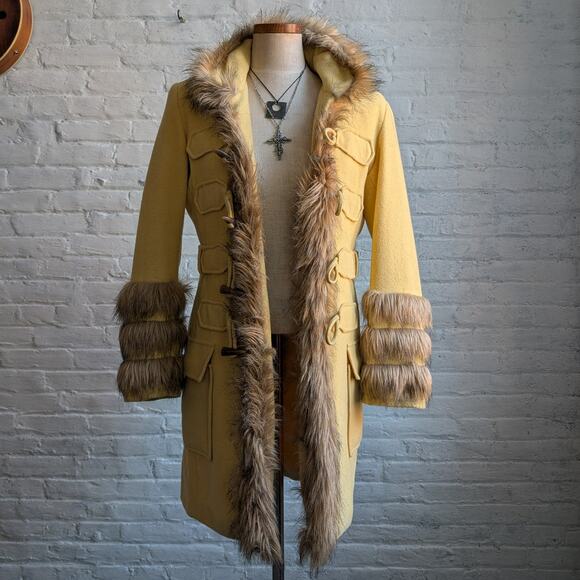 Vintage Yellow Wool Trench Coat Groovy Penny Lane Jacket Faux Fur Coat Medium - Picture 7 of 10